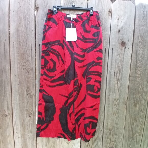 DIANE VON FURSTENBERG PANTS WOMENS SZ 12 BLACK RED ROSES PRINT WIDE LEGS NEW